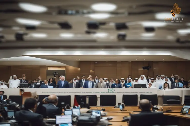 الدكتور سلطان الجابر ، الرئيس المعين لدولة الإمارات العربية المتحدة ، وسيمون ستيل ، الأمين التنفيذي لتغير المناخ في الأمم المتحدة ، يلقيان بيانًا مشتركًا حول الطبيعة الشاملة لمؤتمر الأطراف 28.